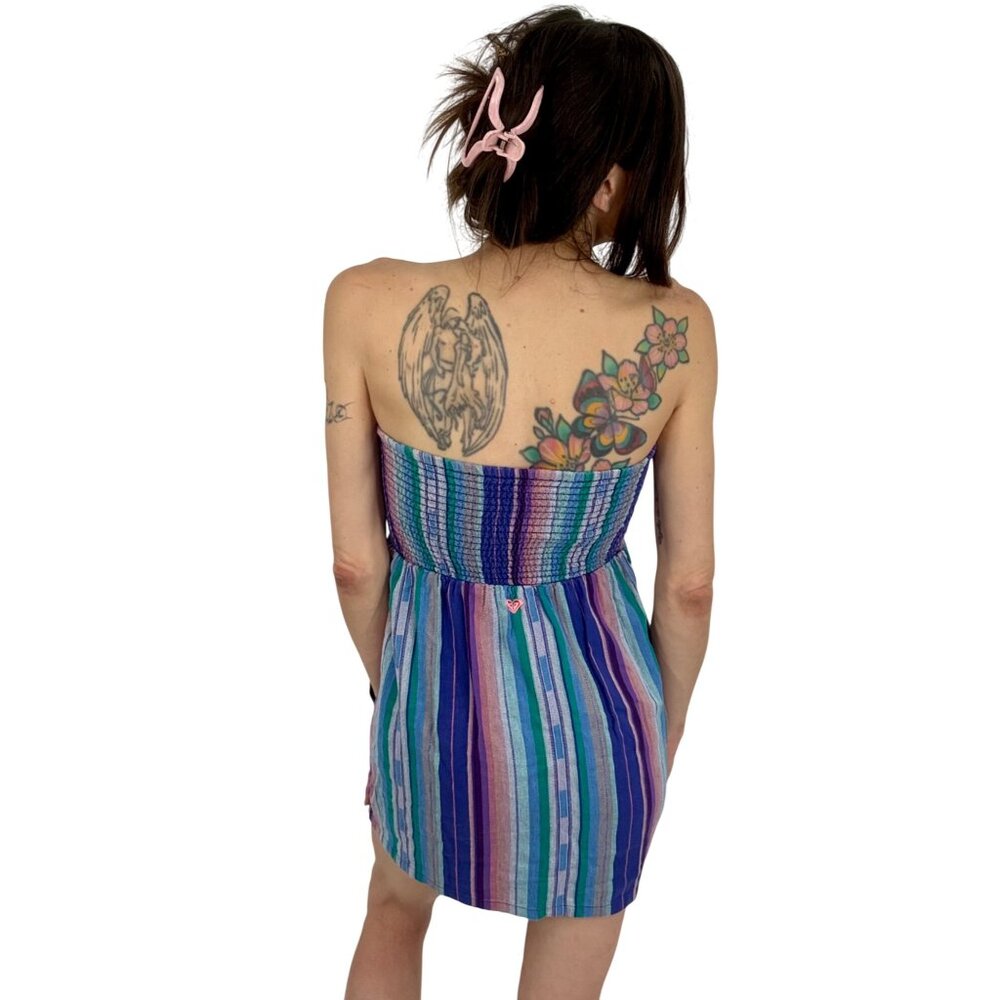 Vintage Y2K Roxy Coastal Cowgirl Strapless Striped Beachy Boho Indie Mini Dress - Picture 13 of 16